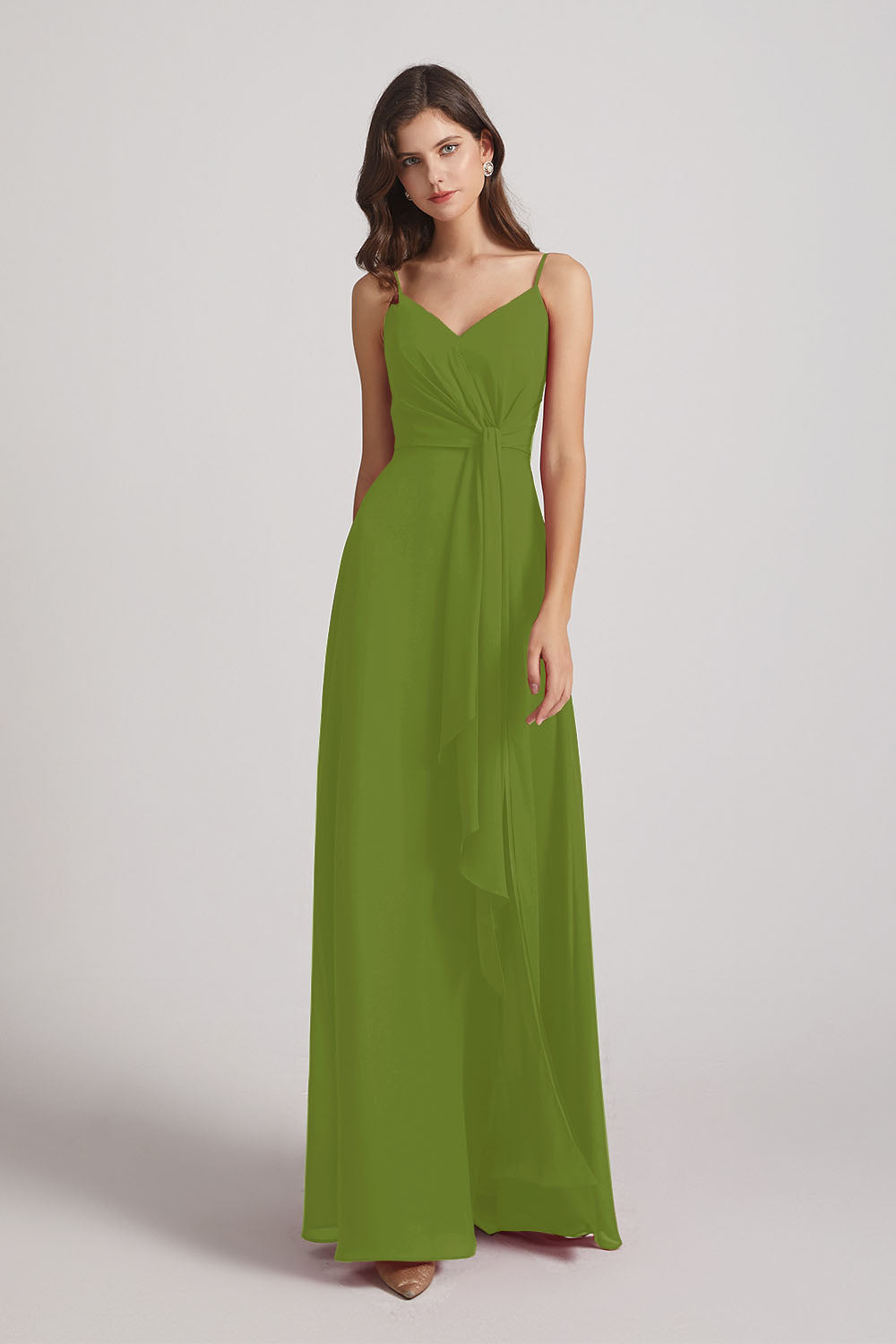 Alfa Bridal Olive Green Spaghetti Straps V-Neck Waist-Tie Chiffon Bridesmaid Dresses (AF0103)