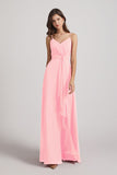 Alfa Bridal Pink Spaghetti Straps V-Neck Waist-Tie Chiffon Bridesmaid Dresses (AF0103)
