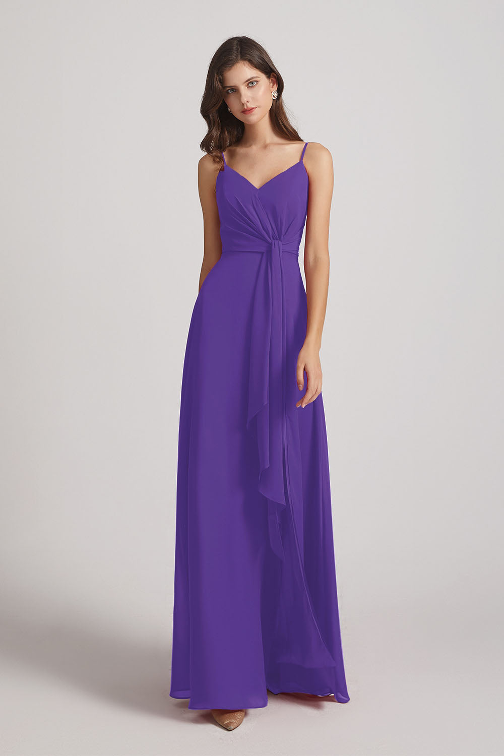 Alfa Bridal Purple Spaghetti Straps V-Neck Waist-Tie Chiffon Bridesmaid Dresses (AF0103)