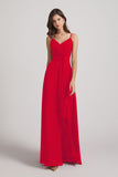 Alfa Bridal Red Spaghetti Straps V-Neck Waist-Tie Chiffon Bridesmaid Dresses (AF0103)
