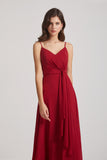 Alfa Bridal Dark Red Spaghetti Straps V-Neck Waist-Tie Chiffon Bridesmaid Dresses (AF0103)