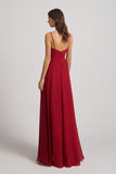 Alfa Bridal Dark Red Spaghetti Straps V-Neck Waist-Tie Chiffon Bridesmaid Dresses (AF0103)