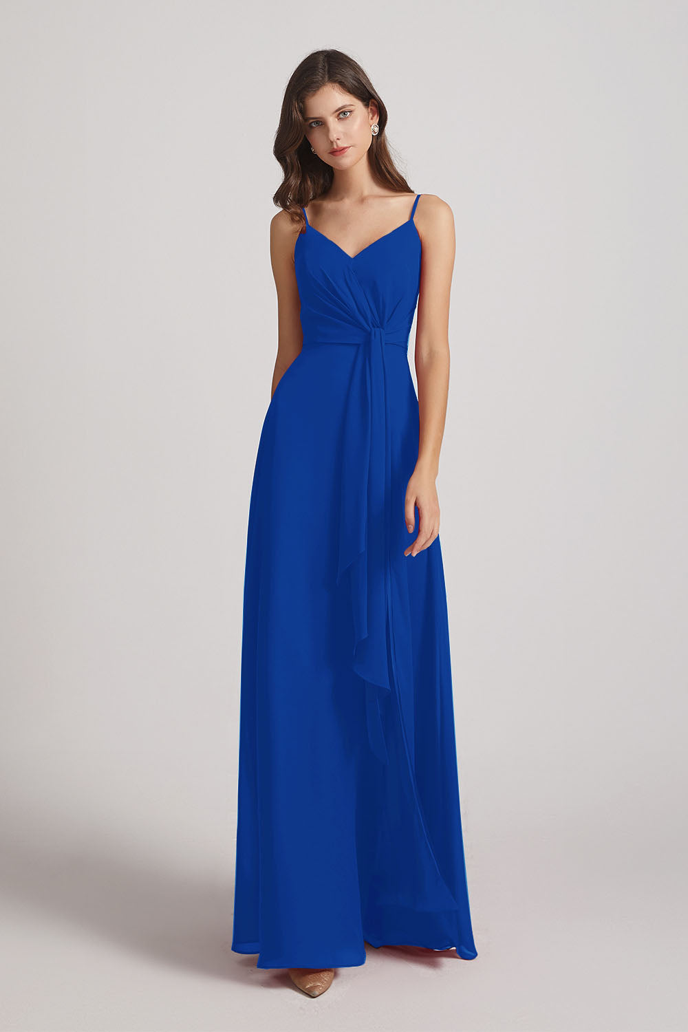 Alfa Bridal Royal Blue Spaghetti Straps V-Neck Waist-Tie Chiffon Bridesmaid Dresses (AF0103)