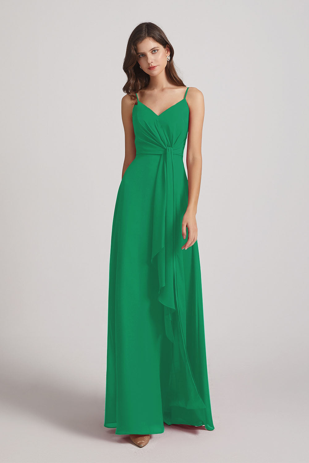 Alfa Bridal Shamrock Green Spaghetti Straps V-Neck Waist-Tie Chiffon Bridesmaid Dresses (AF0103)