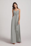 Alfa Bridal Silver Spaghetti Straps V-Neck Waist-Tie Chiffon Bridesmaid Dresses (AF0103)