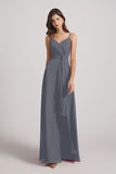 Alfa Bridal Slate Grey Spaghetti Straps V-Neck Waist-Tie Chiffon Bridesmaid Dresses (AF0103)