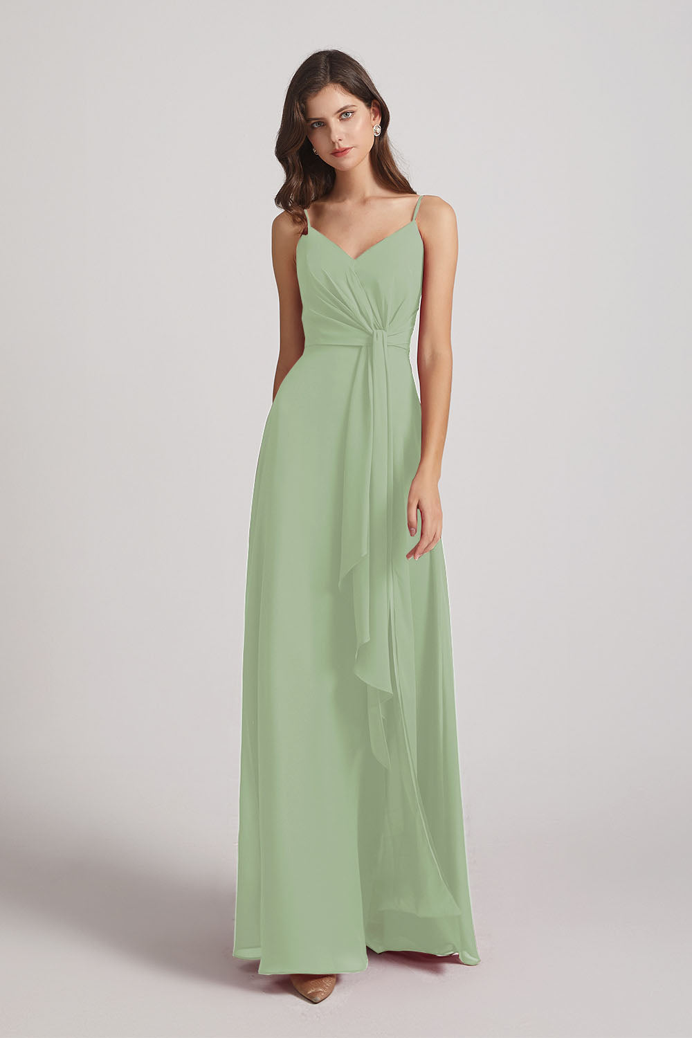 Alfa Bridal Smoke Green Spaghetti Straps V-Neck Waist-Tie Chiffon Bridesmaid Dresses (AF0103)
