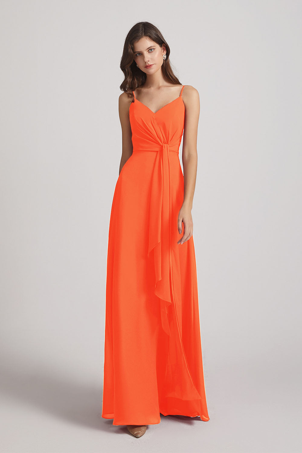 Alfa Bridal Tangerine Tango Spaghetti Straps V-Neck Waist-Tie Chiffon Bridesmaid Dresses (AF0103)