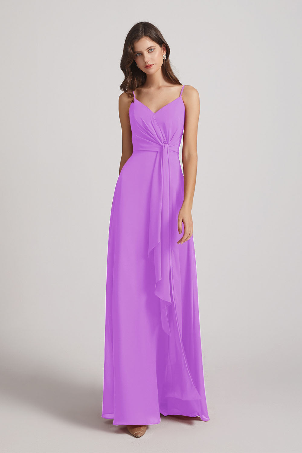 Alfa Bridal Violet Spaghetti Straps V-Neck Waist-Tie Chiffon Bridesmaid Dresses (AF0103)