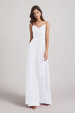 Alfa Bridal White Spaghetti Straps V-Neck Waist-Tie Chiffon Bridesmaid Dresses (AF0103)