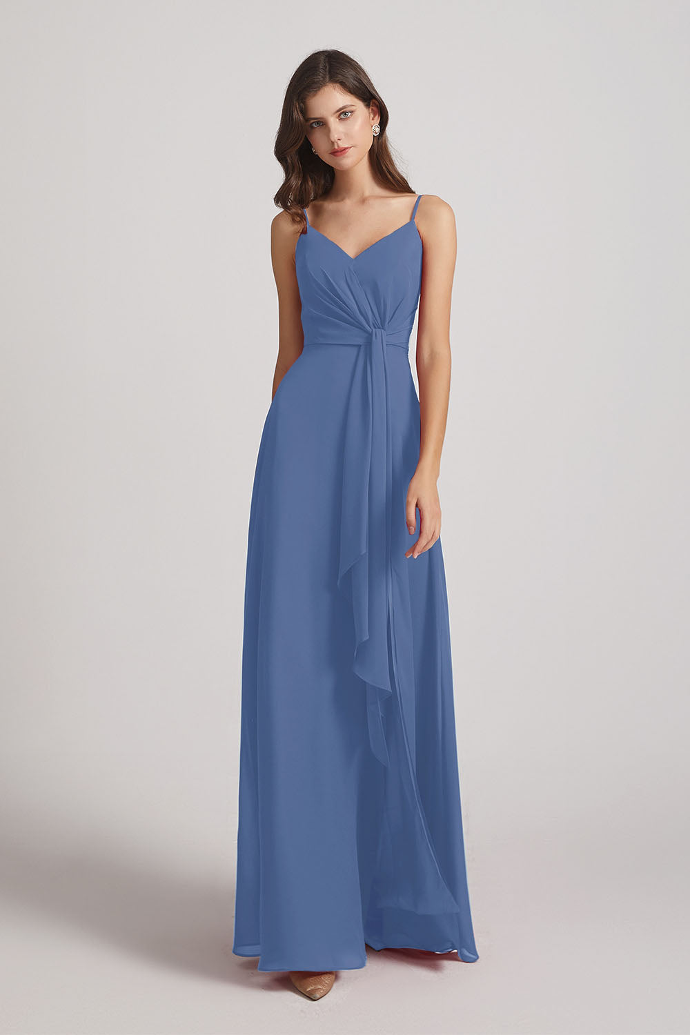 Alfa Bridal Windsor Blue Spaghetti Straps V-Neck Waist-Tie Chiffon Bridesmaid Dresses (AF0103)