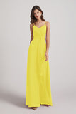 Alfa Bridal Yellow Spaghetti Straps V-Neck Waist-Tie Chiffon Bridesmaid Dresses (AF0103)