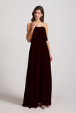 Alfa Bridal Burgundy Gold Strapless Chiffon Bridesmaid Dresses with Tiered Ruffles (AF0086)