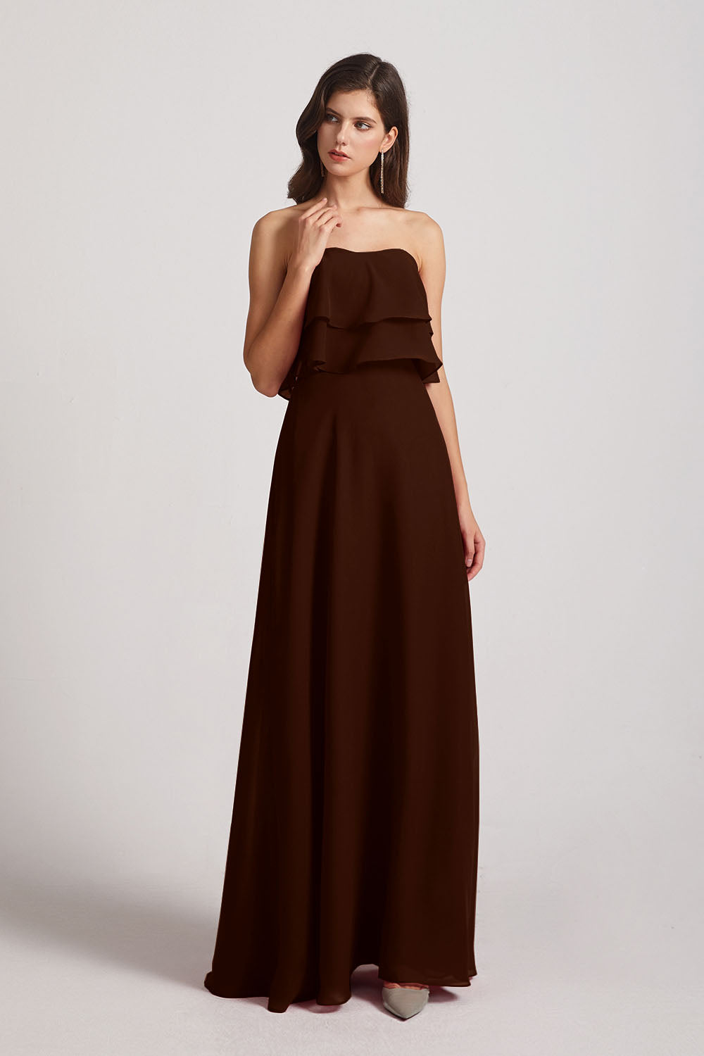 Alfa Bridal Chocolate Strapless Chiffon Bridesmaid Dresses with Tiered Ruffles (AF0086)