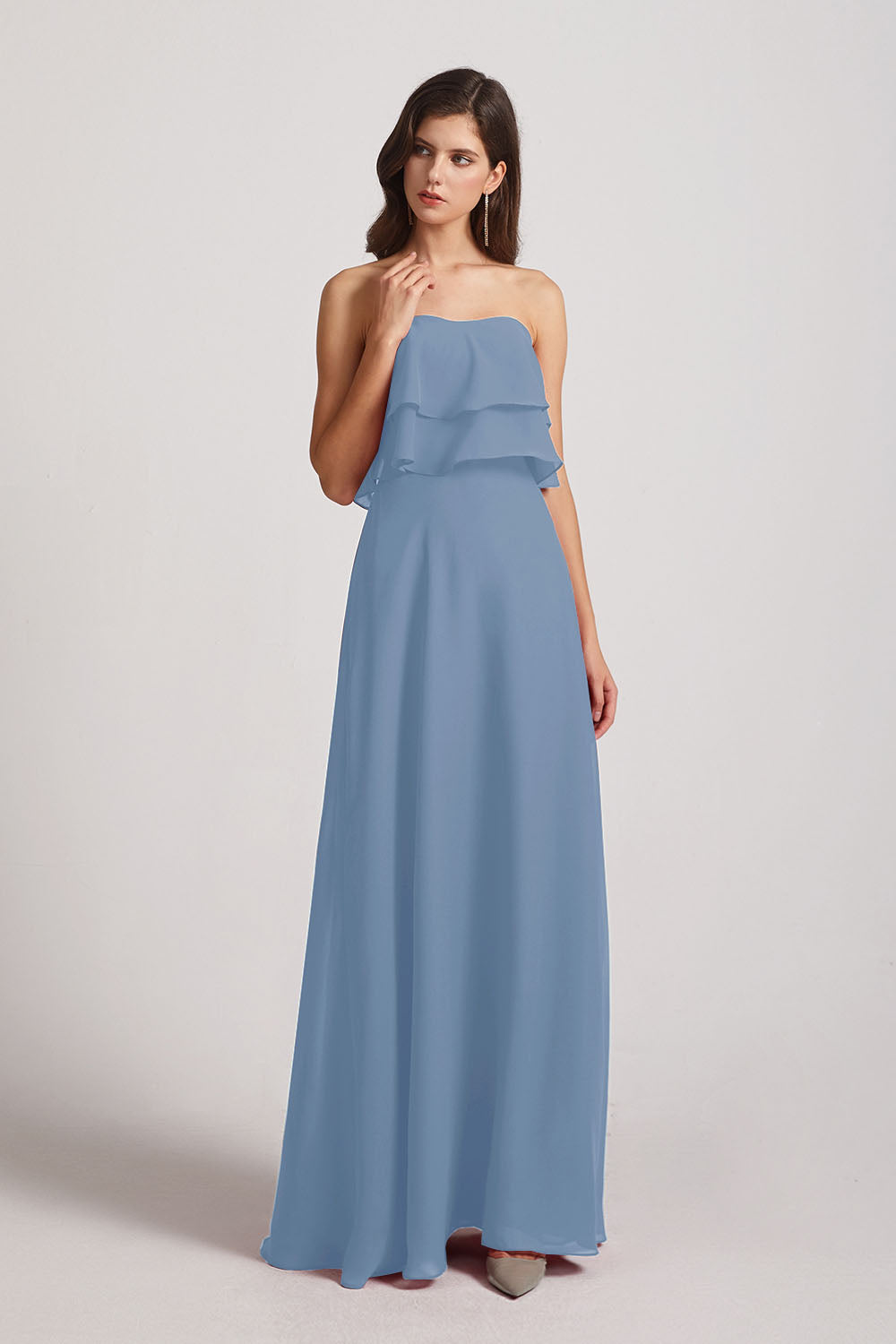 Alfa Bridal Dusty Blue Strapless Chiffon Bridesmaid Dresses with Tiered Ruffles (AF0086)