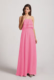 Alfa Bridal Hot Pink Strapless Chiffon Bridesmaid Dresses with Tiered Ruffles (AF0086)