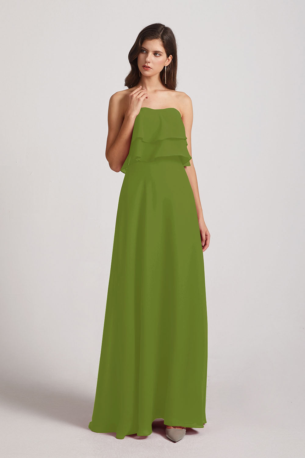 Alfa Bridal Olive Green Strapless Chiffon Bridesmaid Dresses with Tiered Ruffles (AF0086)