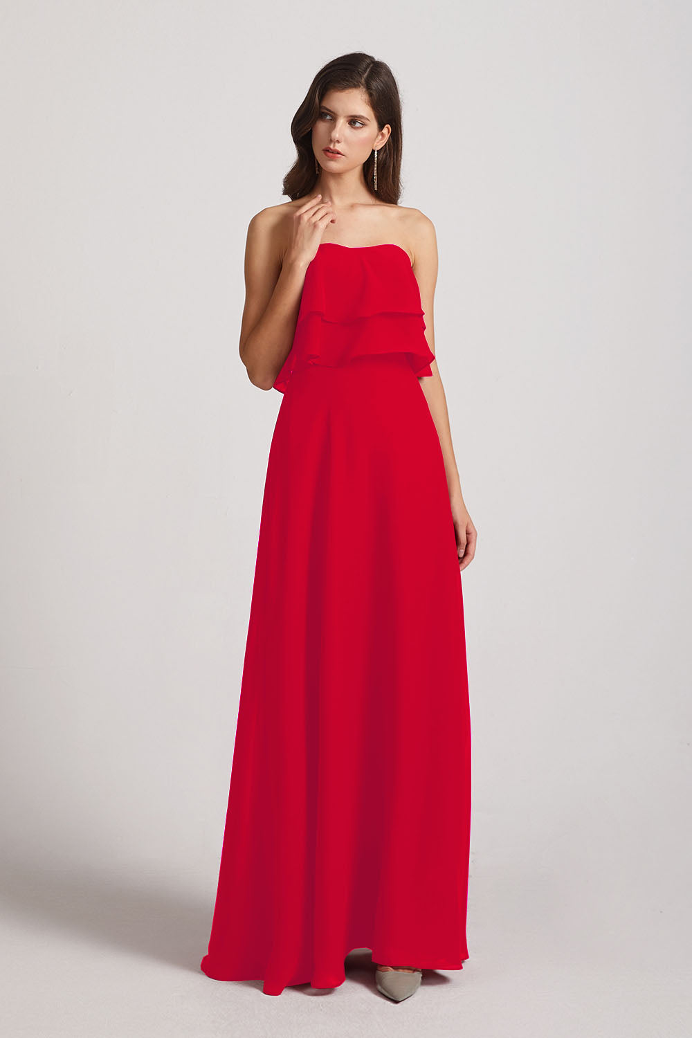 Alfa Bridal Red Strapless Chiffon Bridesmaid Dresses with Tiered Ruffles (AF0086)