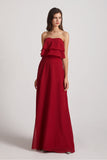 Alfa Bridal Dark Red Strapless Chiffon Bridesmaid Dresses with Tiered Ruffles (AF0086)