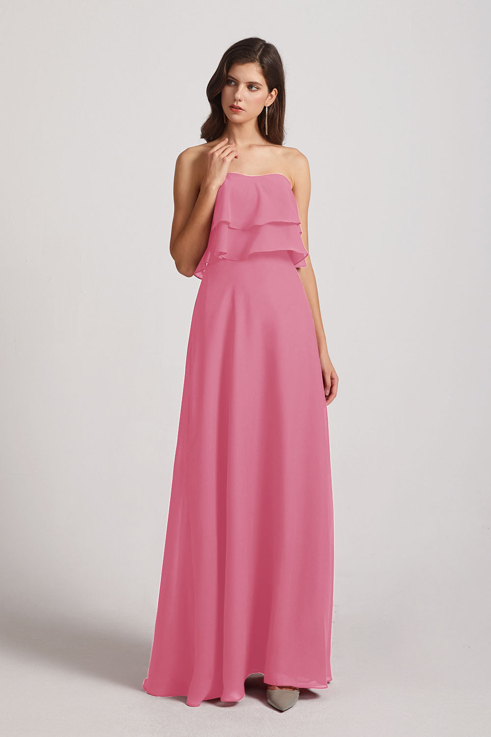 Alfa Bridal Skin Pink Strapless Chiffon Bridesmaid Dresses with Tiered Ruffles (AF0086)