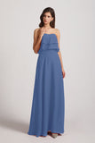 Alfa Bridal Windsor Blue Strapless Chiffon Bridesmaid Dresses with Tiered Ruffles (AF0086)