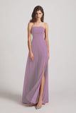 Alfa Bridal Dark Lavender Strapless Chiffon Ruched Slit Long Bridesmaid Dresses (AF0050)