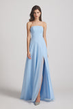 Alfa Bridal Light Sky Blue Strapless Chiffon Ruched Slit Long Bridesmaid Dresses (AF0050)