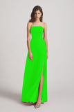 Alfa Bridal Lime Green Strapless Chiffon Ruched Slit Long Bridesmaid Dresses (AF0050)