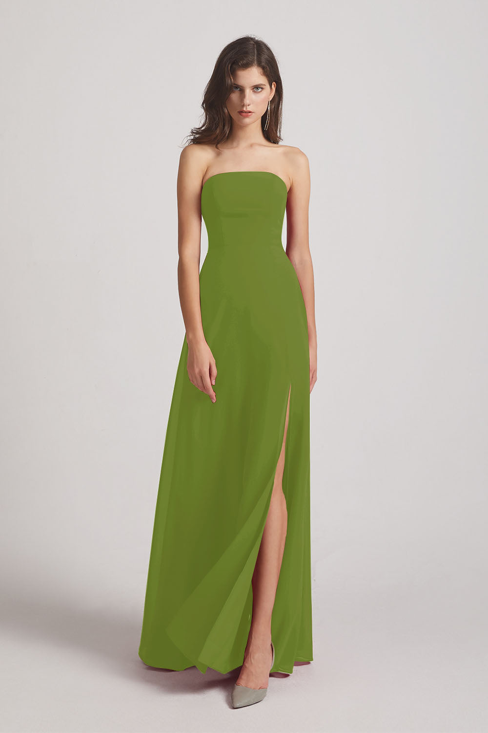 Alfa Bridal Olive Green Strapless Chiffon Ruched Slit Long Bridesmaid Dresses (AF0050)