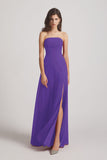 Alfa Bridal Purple Strapless Chiffon Ruched Slit Long Bridesmaid Dresses (AF0050)