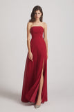 Alfa Bridal Dark Red Strapless Chiffon Ruched Slit Long Bridesmaid Dresses (AF0050)