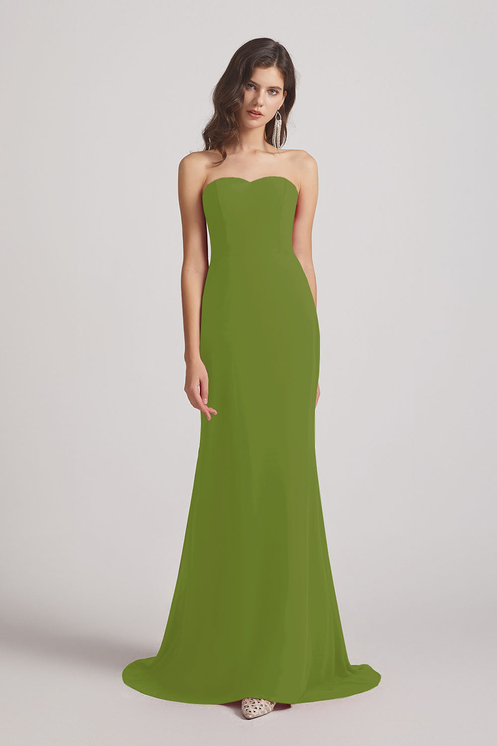Alfa Bridal Olive Green Strapless Sweetheart Chiffon Sheath Bridesmaid Dresses (AF0023)