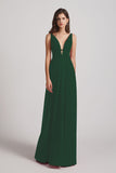 Alfa Bridal Dark Green Straps Long Chiffon Plunging V-Neck Bridesmaid Dresses (AF0069)