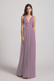 Alfa Bridal Dark Lavender Straps Long Chiffon Plunging V-Neck Bridesmaid Dresses (AF0069)