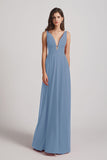 Alfa Bridal Dusty Blue Straps Long Chiffon Plunging V-Neck Bridesmaid Dresses (AF0069)
