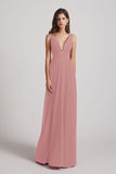 Alfa Bridal Dusty Pink Straps Long Chiffon Plunging V-Neck Bridesmaid Dresses (AF0069)