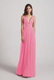 Alfa Bridal Hot Pink Straps Long Chiffon Plunging V-Neck Bridesmaid Dresses (AF0069)