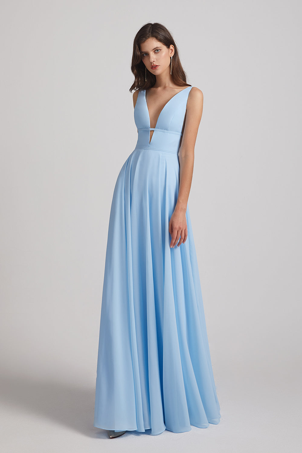 Alfa Bridal Light Sky Blue Straps Long Chiffon Plunging V-Neck Bridesmaid Dresses (AF0069)