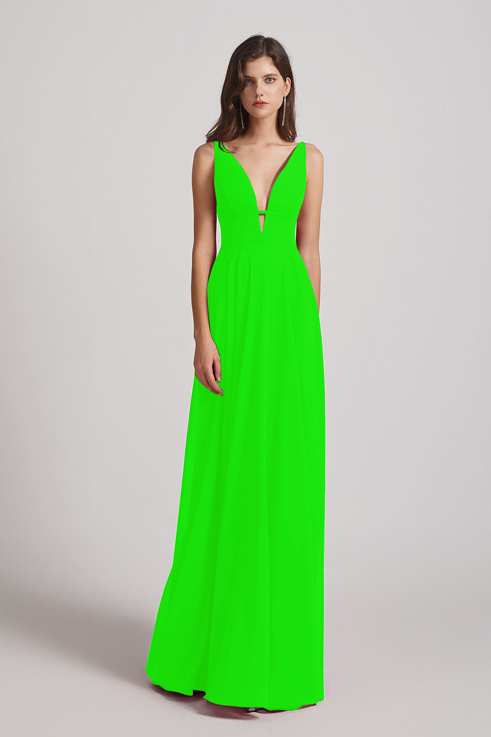 Alfa Bridal Lime Green Straps Long Chiffon Plunging V-Neck Bridesmaid Dresses (AF0069)