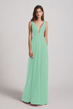 Alfa Bridal Mint Green Straps Long Chiffon Plunging V-Neck Bridesmaid Dresses (AF0069)