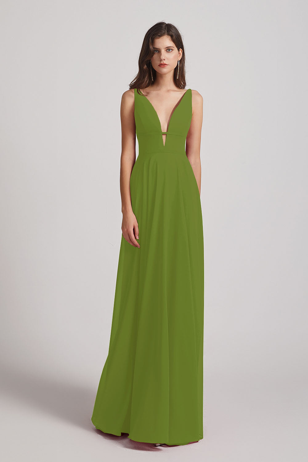 Alfa Bridal Olive Green Straps Long Chiffon Plunging V-Neck Bridesmaid Dresses (AF0069)