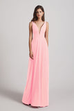Alfa Bridal Pink Straps Long Chiffon Plunging V-Neck Bridesmaid Dresses (AF0069)