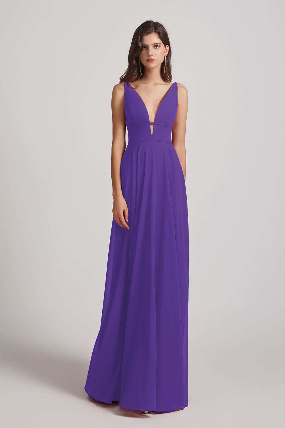 Alfa Bridal Purple Straps Long Chiffon Plunging V-Neck Bridesmaid Dresses (AF0069)