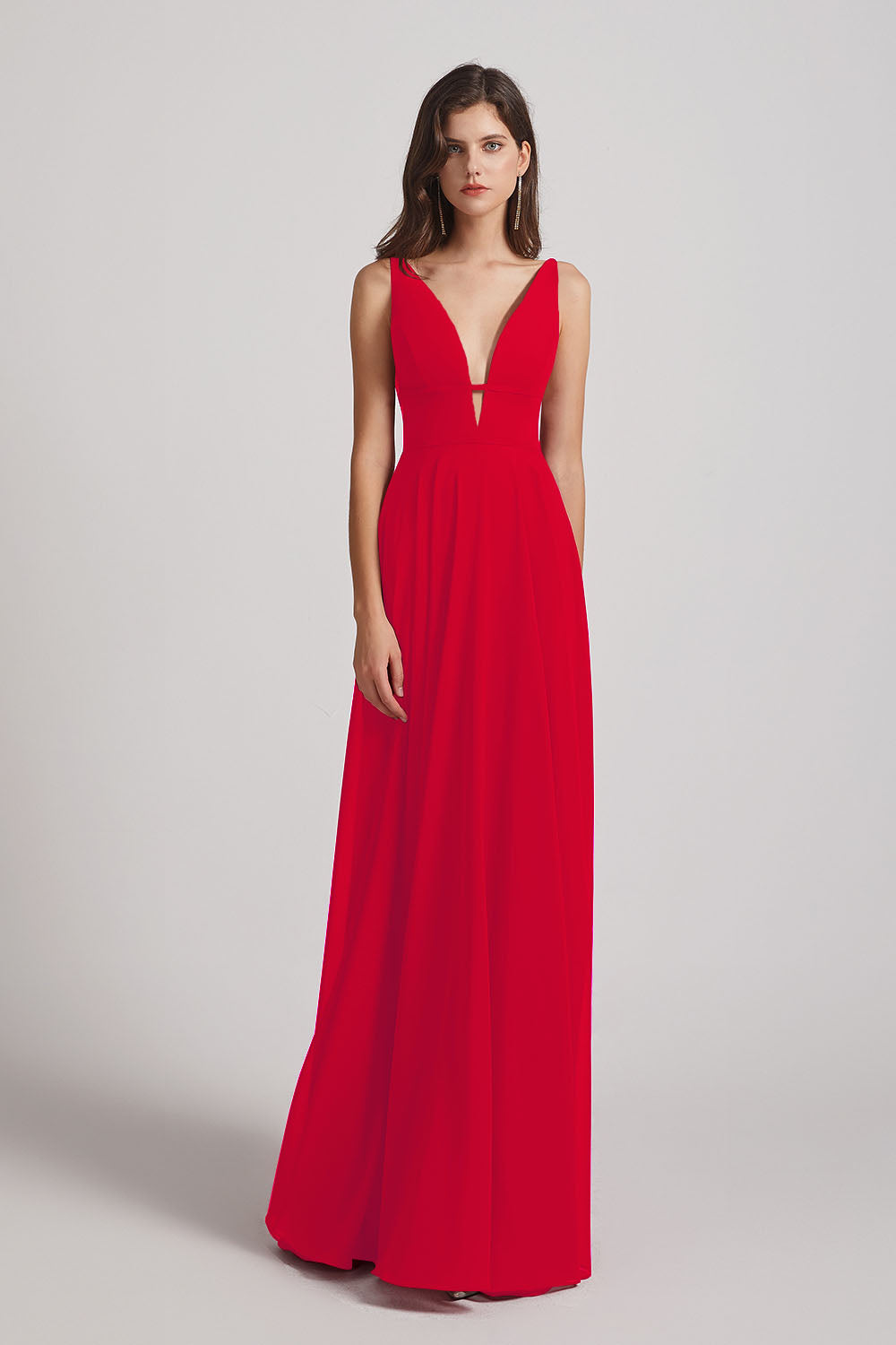 Alfa Bridal Red Straps Long Chiffon Plunging V-Neck Bridesmaid Dresses (AF0069)