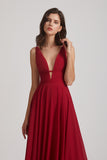 Alfa Bridal Dark Red Straps Long Chiffon Plunging V-Neck Bridesmaid Dresses (AF0069)