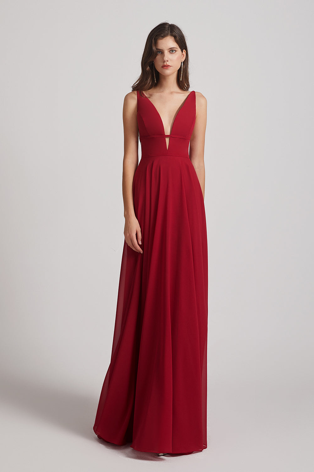 Alfa Bridal Dark Red Straps Long Chiffon Plunging V-Neck Bridesmaid Dresses (AF0069)