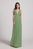 Alfa Bridal Seagrass Straps Long Chiffon Plunging V-Neck Bridesmaid Dresses (AF0069)