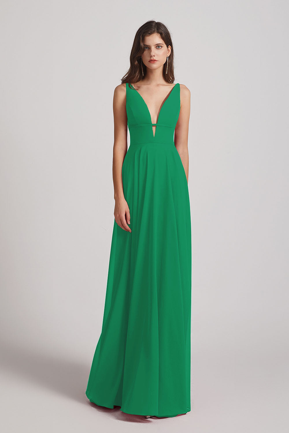 Alfa Bridal Shamrock Green Straps Long Chiffon Plunging V-Neck Bridesmaid Dresses (AF0069)
