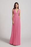 Alfa Bridal Skin Pink Straps Long Chiffon Plunging V-Neck Bridesmaid Dresses (AF0069)