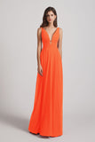 Alfa Bridal Tangerine Tango Straps Long Chiffon Plunging V-Neck Bridesmaid Dresses (AF0069)